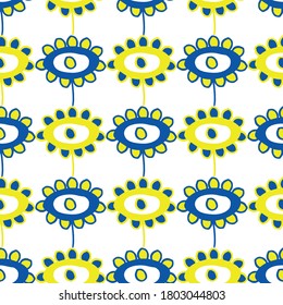 Dibujo infantil vectorial de flores sin costuras fondo de patrón. Sencillos florales de color amarillo y azul cobalto sobre fondo blanco. Matrícula geométrica brillante en todo el espacio impreso para productos para niños