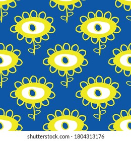 Dibujo infantil vectorial de flores sin costuras fondo de patrón. Sencillo fondo de flores de color amarillo y azul cobalto. Brillante estilo garabato geométrico botánico. Todo impreso para productos de verano