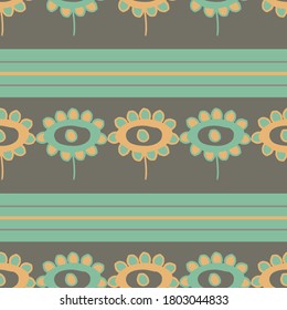 Vector childlike drawing of flowers and stripes seamless pattern background. Backdrop of alternating rows of painterly florals, lines in teal, orange, brown. Vintage geometric scribbled all over print
