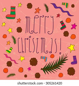 Vector childlike drawn set of different attributes of Christmas as well as winter holidays. Postcard production. Children book illustration. Elements can be used with different aims.