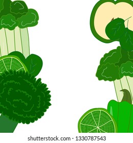vector childlike green plants frame - celery, apples, broccoli, lime, spinach, bell pepper. 