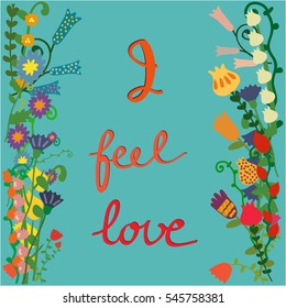 Vector childlike illustration for a love and relationship themes decorated with a bunch of naive flowers. Valentineâ??s Day, floral and natural themes, design element, printed goods.