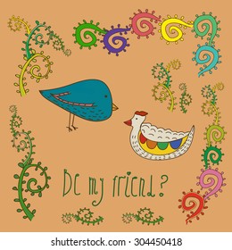 Vector childlike illustration with a miracle blue bird and a toy hen, decorated with doodle trees and augmented with inscription. All goods for kids. Book illustration. Postcard production.