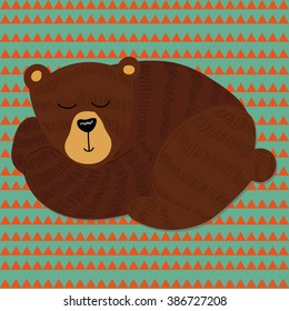 Vector childlike illustration with sleepy bear on a triangle double colored background. Children theme, illustration and cover for books and magazines, textile element.