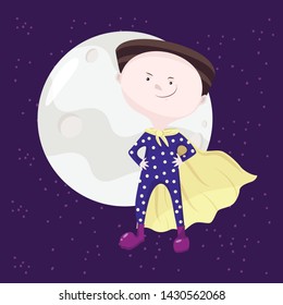 vector childlike illustration of a small boy in pajama pretending to be a superhero. Miracle cosmic background with stars.