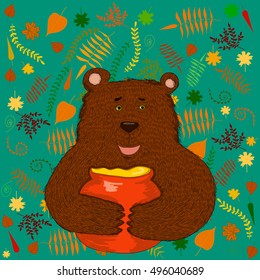 Vector childlike illustration of a smiling bear holding a red honey pot on a fall background. Illustration for children goods, books, different production, design element, postcard and poster image.