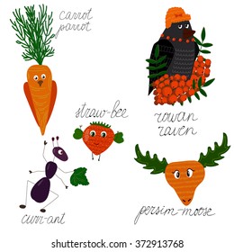 Vector childlike illustration of some animals and birds represented as funny plants. Children books and goods decoration, cards for puns and word games, places decoration.