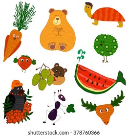 Vector childlike illustration of some animals and birds represented as funny plants. Children books and goods decoration, cards for puns and word games, places decoration.