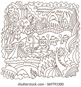 Vector childlike image of a miracle landscape isolated on white. Illustration for coloring book, art therapy, children drawing lessons, public places decorating.