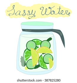 Vector childlike image of a vessel with Sassy water isolated on white with a sign. Food, healthy lifestyle theme, illustration for special sources, articles and informational pictures.