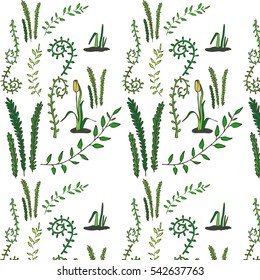 Vector childlike pattern with different spring and summer plants usually grown in gardens. Decoration for floristry theme, design element, naive art, textile, wrapping paper image.