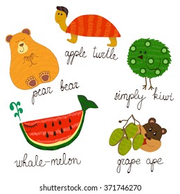 Vector childlike set of funny animals stylized as fruits isolated on white and augmented with explanations. Children goods (books decoration, witty plays cards), decoration of public places.