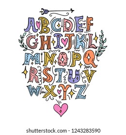 Vector children alphabet. Lettering, initial letters, vintage medieval style. Isolated on white background.