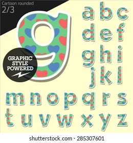 Vector children alphabet set in country style with colorful hearts. File contains graphic styles available in Illustrator. Lowercase letters