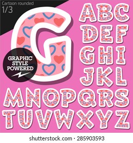 Alfabeto infantil vectorial ambientado en un estilo cardíaco rosa ligero. El archivo contiene estilos gráficos disponibles en Illustrator. Letras en mayúsculas