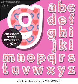 Vector children alphabet set in flirty pink heart style. File contains graphic styles available in Illustrator. Lowercase letters