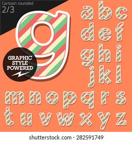 Alfabeto infantil vectorial a rayas como caramelo. El archivo contiene estilos gráficos disponibles en Illustrator. Letras minúsculas