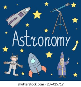 Vector children astronomical illustration with telescope, rocket and astronaut