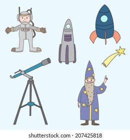 Vector children astronomical illustration with telescope, rocket and astronaut