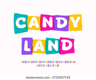 Vector Insignia de los niños Candy Land. Bright Kids Fuente. Conjunto creativo de letras y números del alfabeto colorido 