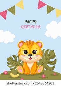Vector children birthday card with cute tiger cub, tropical leaves, flowers, sky, and colorful flags. Bright and playful design perfect for kids party invitations, greetings, posters, and decorations.