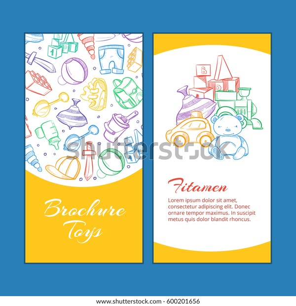 Vector\
children brochure pages with doodle kids\
toys.
