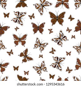 Vector. Children butterfly seamless pattern. Art butterflies on brown, black and white colors. Cute background for paper, design of fabric, wrappers and wallpaper.