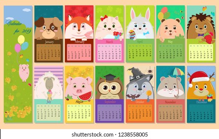 Vector children calendar for 2019 with animals.