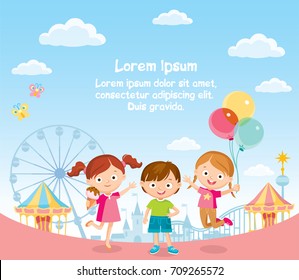 Vector children cartoon characters having fun in amusement theme entertainment park, play hang around, have leisure, eating ice-cream, jumping Carousel, roller coaster.Carnival, childhood, friends.