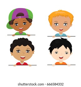 Vector children characters of different nationalities with billboard. Cartoon collection of little boys portraits, various human races. 