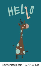 vector children christmas card with cute deer on blue background for for fabrics, paper, textile, gift wrap, logo, for the design of a children`s room, for invitations, greeting cards, business card