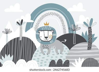 Vector children cute lion king and rainbow illustration in scandinavian style. Mountain landscape, clouds. Children's tropical wallpaper. Jungle, children's room design, wall decor. King.