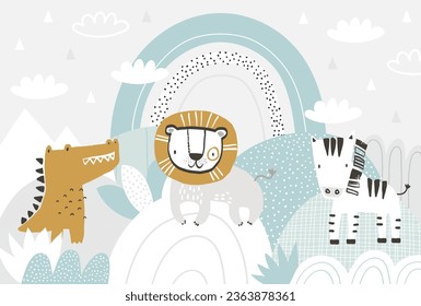 Niños vectores lindo león, cebra, cocodrilo e ilustración de arco iris al estilo escandinavo. Paisaje montañoso, nubes. Papel de pared tropical para niños. Jungla, diseño de habitaciones para niños, decoración de paredes.