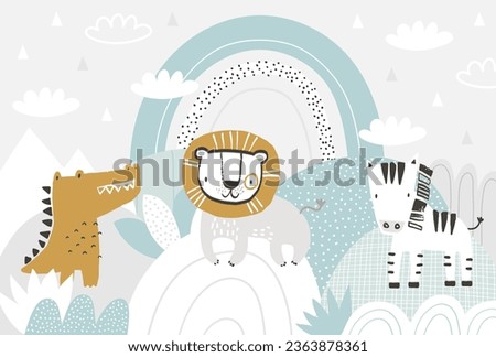 Vector children cute lion, zebra, crocodile and rainbow illustration in scandinavian style. Mountain landscape, clouds. Children's tropical wallpaper. Jungle, children's room design, wall decor.