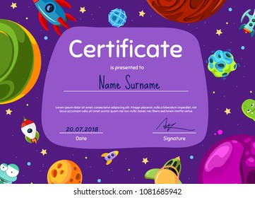 Vector Children Diploma Or Certificate With Cartoon Space Planets