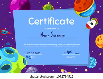 Vector children diploma or certificate with cartoon space planets and ships