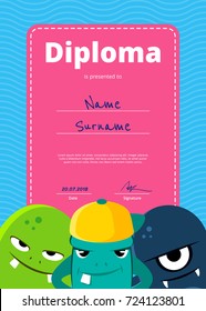Vector children diploma or certificate with cute monsters on wavy background. Characters monsters illustration