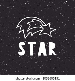 Vector Children doodle illustration of falling star and hand drawn lettering 'star'. 