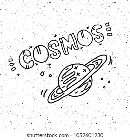 Vector Children doodle illustration of planet Saturn and  'cosmos' lettering quote on starry sky