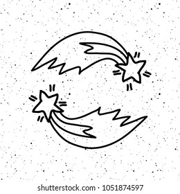 Vector children doodle illustration of two falling stars on starry background.  