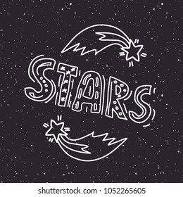 Vector Children doodle illustration of two comets or falling stars on dark starry sky and hand drawn lettering 'stars'. 