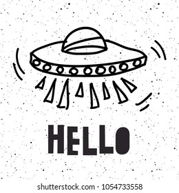 Vector Children doodle illustration of ufo and hand drawn lettering 'hello'