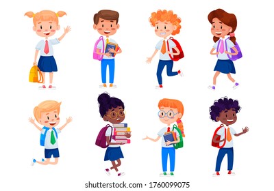 Vector children are going to school. Back to school illustration. Vector kids education illustration on white isolated background.