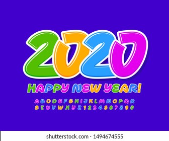 Vector Children Greeting Card Happy New Year 2020. Colorful Kids Font. Bright Alphabet Letters and Numbers.