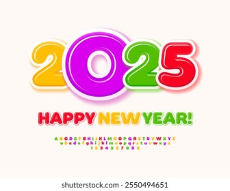 Vector children Greeting Card Happy New Year 2025! Golorful Glossy Font. Artistic set of Alphabet Letters and Numbers