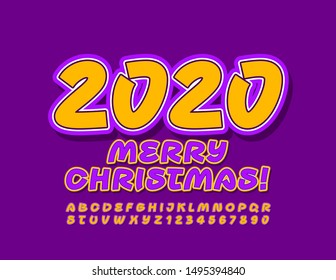Vector Children Greeting Card Merry Christmas 2020. Bright Yellow and Violet Font. Colorful Alphabet Letters and Numbers.