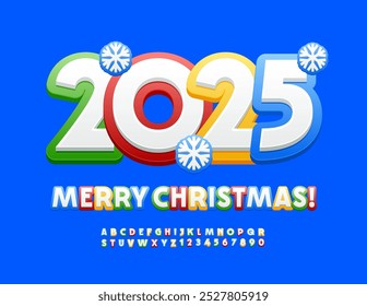 Vector children Greeting Card Merry Christmas 2025! Bright Creative Font. Kids Colorful Alphabet Letters and Numbers set. 