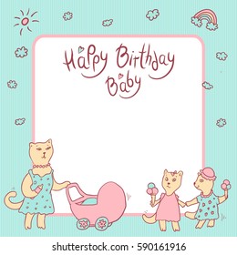 Vector children greeting card in pastel colors. Happy birthday baby. Cat mom with a baby carriage, a kitten girls with ice cream. Space for text