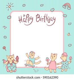Vector children greeting card in pastel colors. Happy birthday. Girl with ice cream, kitten boy with fruit and sweet. Cat on a skateboard. Space for text