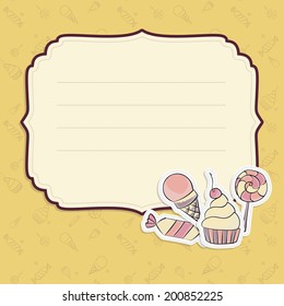 Vector children greeting card template with hand drawing illustration of lollipop, cupcake, ice cream, candies. Seamless background